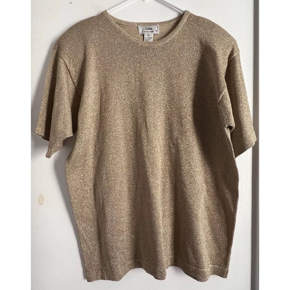 Lisa International Top Very Sparkly Glittery Gold‎ Shirt M Short Sleeve Casual